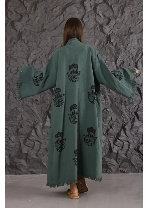 Hamsa Wooden Printed Green Bathrobe