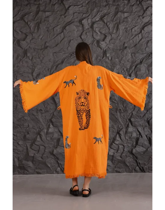 Tiger Wooden Printed Orange Kaftan