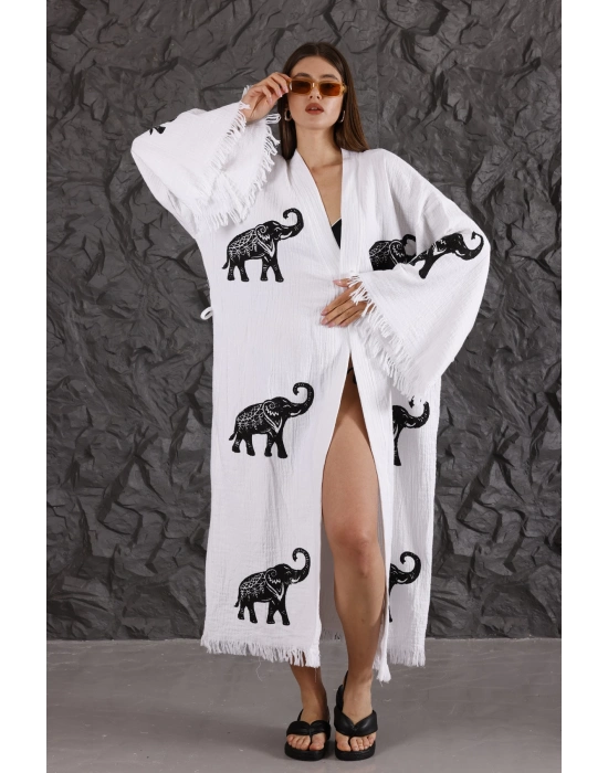 Elephant Wooden Printed White Kaftan