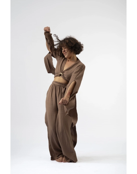 Ateiler Chaputs %100 Pamuk Müslin Kahverengi Yırtmaçlı Pantolon One-Size