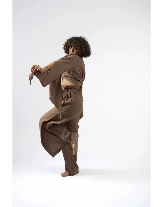Ateiler Chaputs %100 Pamuk Müslin Kahverengi Yırtmaçlı Pantolon One-Size