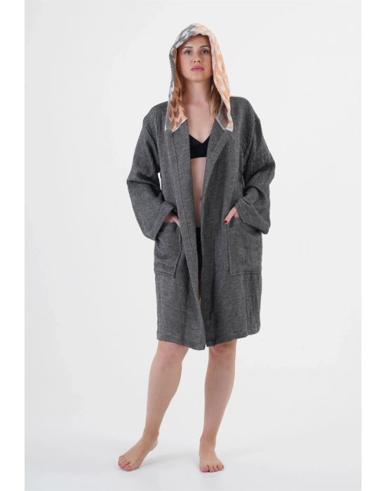 Bayan Siyah Kapüşonlu Bornoz