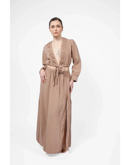 Ateiler Chaputs %100 Pamuk Müslin Mera Kahve Bluz One-Size