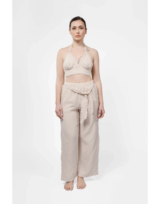 Ateiler Chaputs %100 Pamuk Müslin Mera Bej Yırtmaçlı Pantolon One-Size