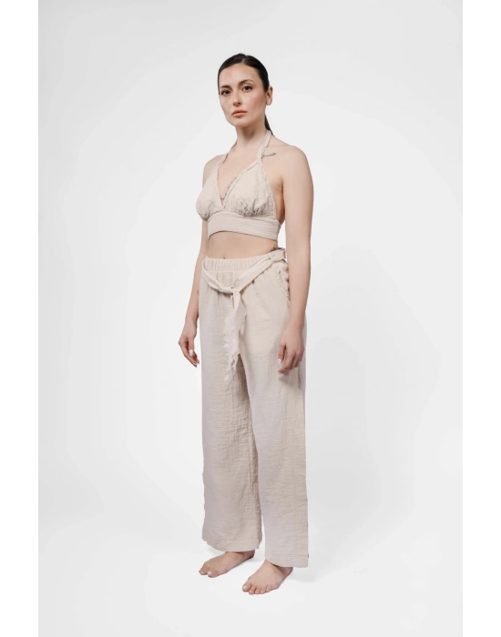 Ateiler Chaputs %100 Pamuk Müslin Mera Bej Yırtmaçlı Pantolon One-Size