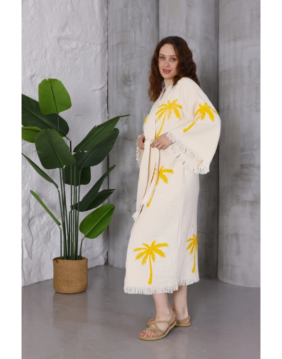 Palm Wooden Baskılı Krem Bornoz