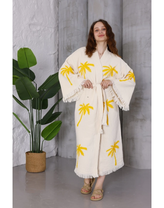 Palm Wooden Baskılı Krem Bornoz