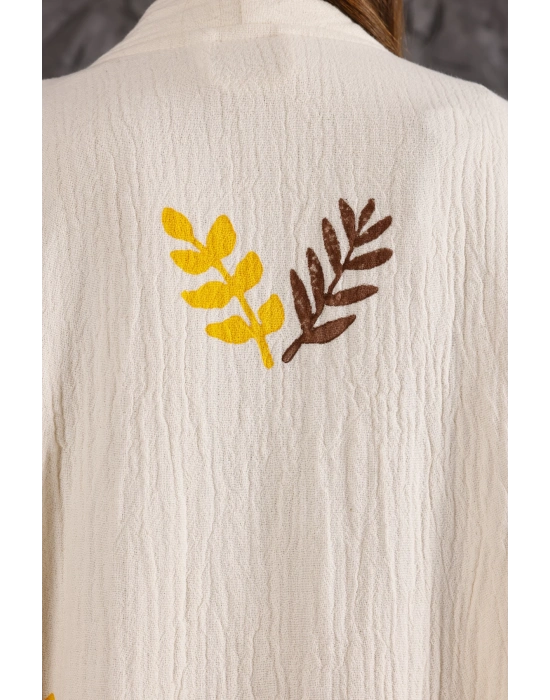 Yaprak Ağaç Tahta Baskılı Krem Bornoz