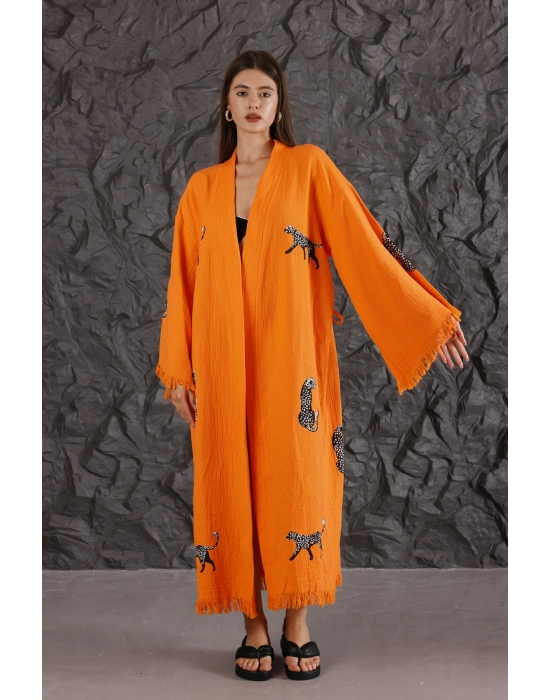 Kaplan Ahşap Baskılı Turuncu Bornoz