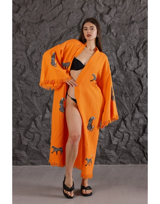 Kaplan Ahşap Baskılı Turuncu Bornoz