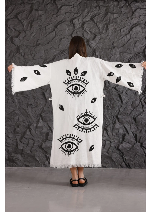 Eye Wooden Printed White Kaftan