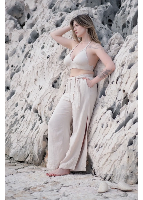 Ateiler Chaputs %100 Pamuk Müslin Mera Bej Yırtmaçlı Pantolon One-Size