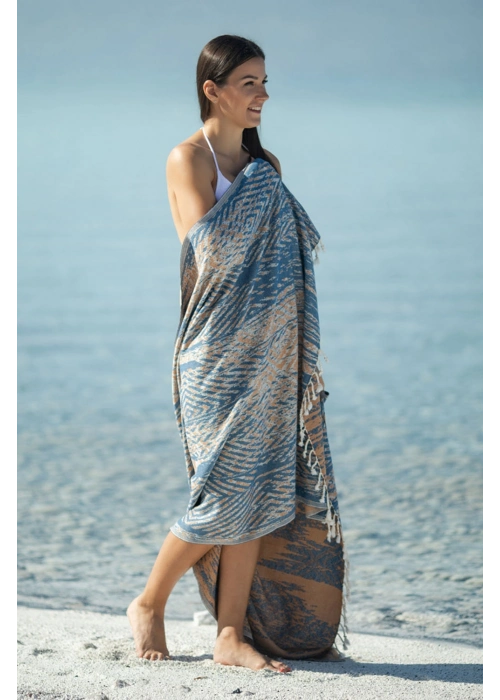 Tonna Navy Blue & Caramel Peshtemal