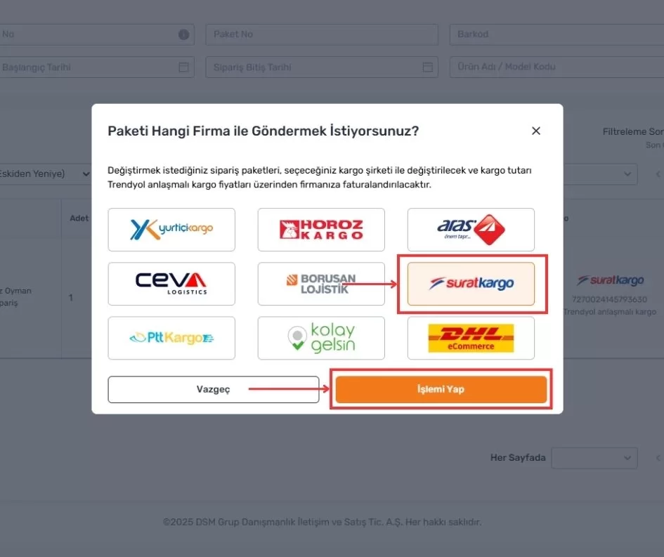Kargo Firmasını Seçin