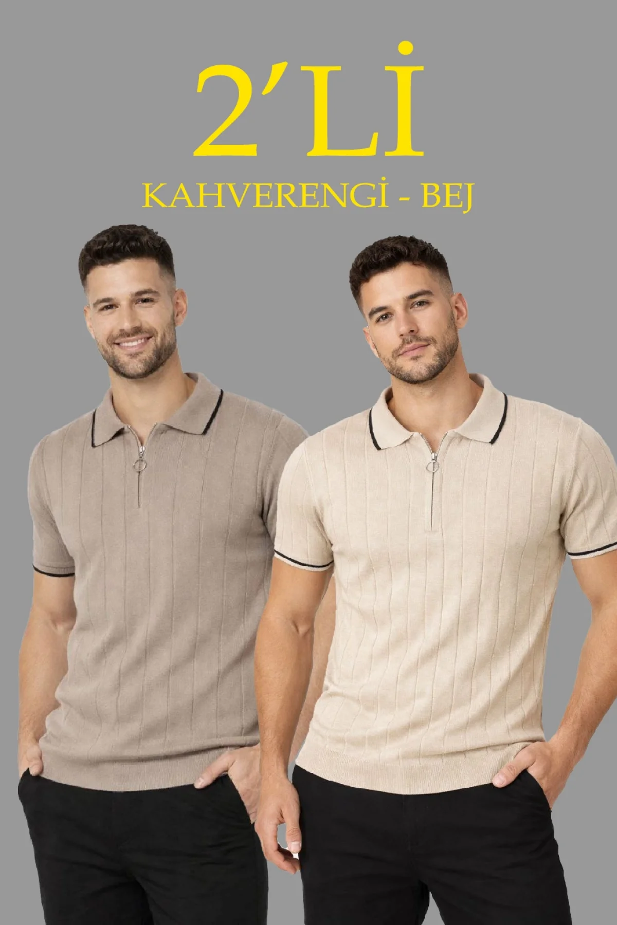 Erkek 2’li Paket Dokuma Triko  Fermuarlı Yakalı Fitilli Kısa Kollu Regular Fit Tişört - Bej & Kahverengi