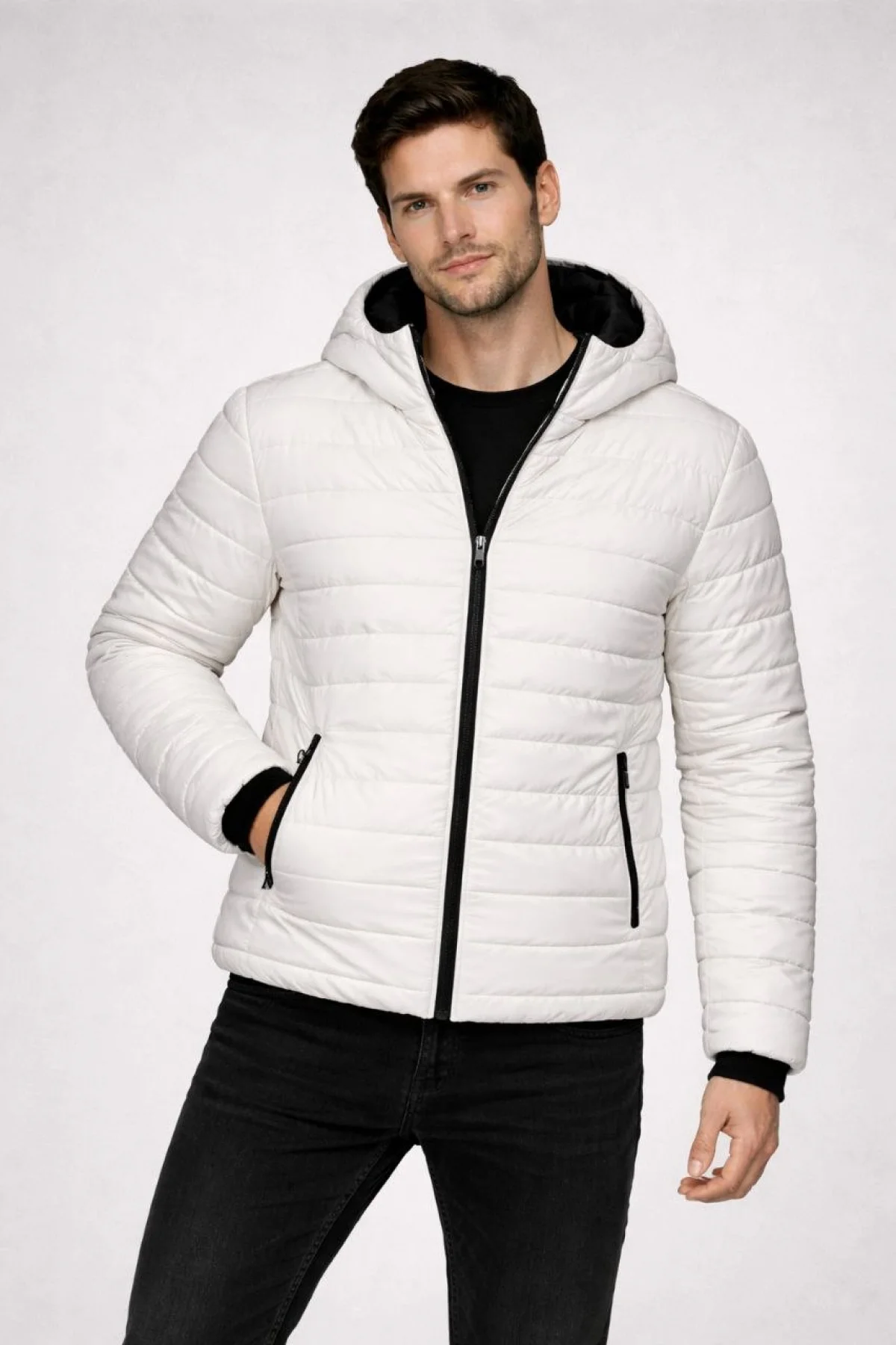 Erkek Şişme Kapüşonlu Fermuarlı Mont Su itici Kapitone Astarlı Cepli Kalıp - Krem