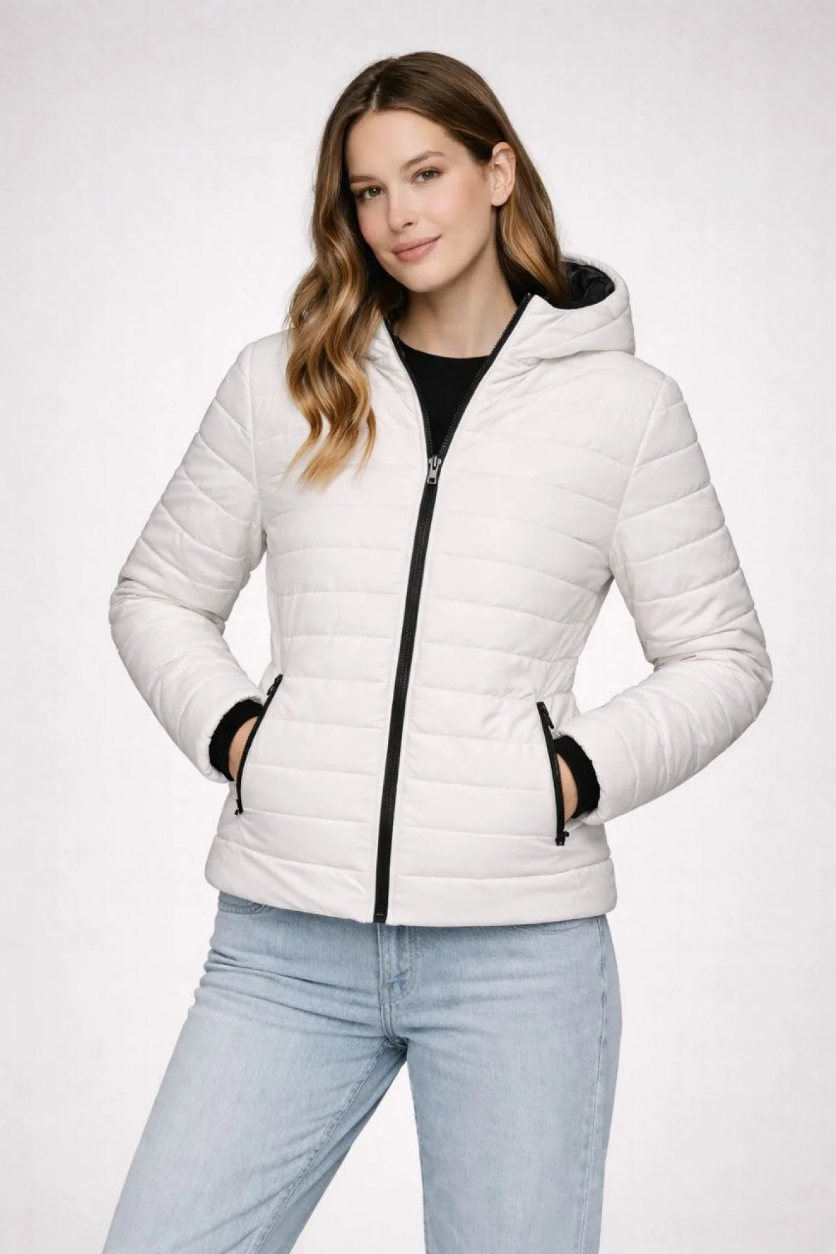 Kadın Şişme Kapüşonlu Fermuarlı Mont Su itici Kapitone Astarlı Cepli Kalıp - Krem