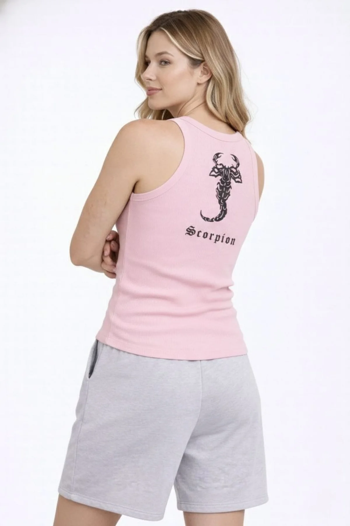 Kadın Fitilli Atlet Sıfır Yaka Slim Fit Arka Baskılı Spor Atlet - Pembe