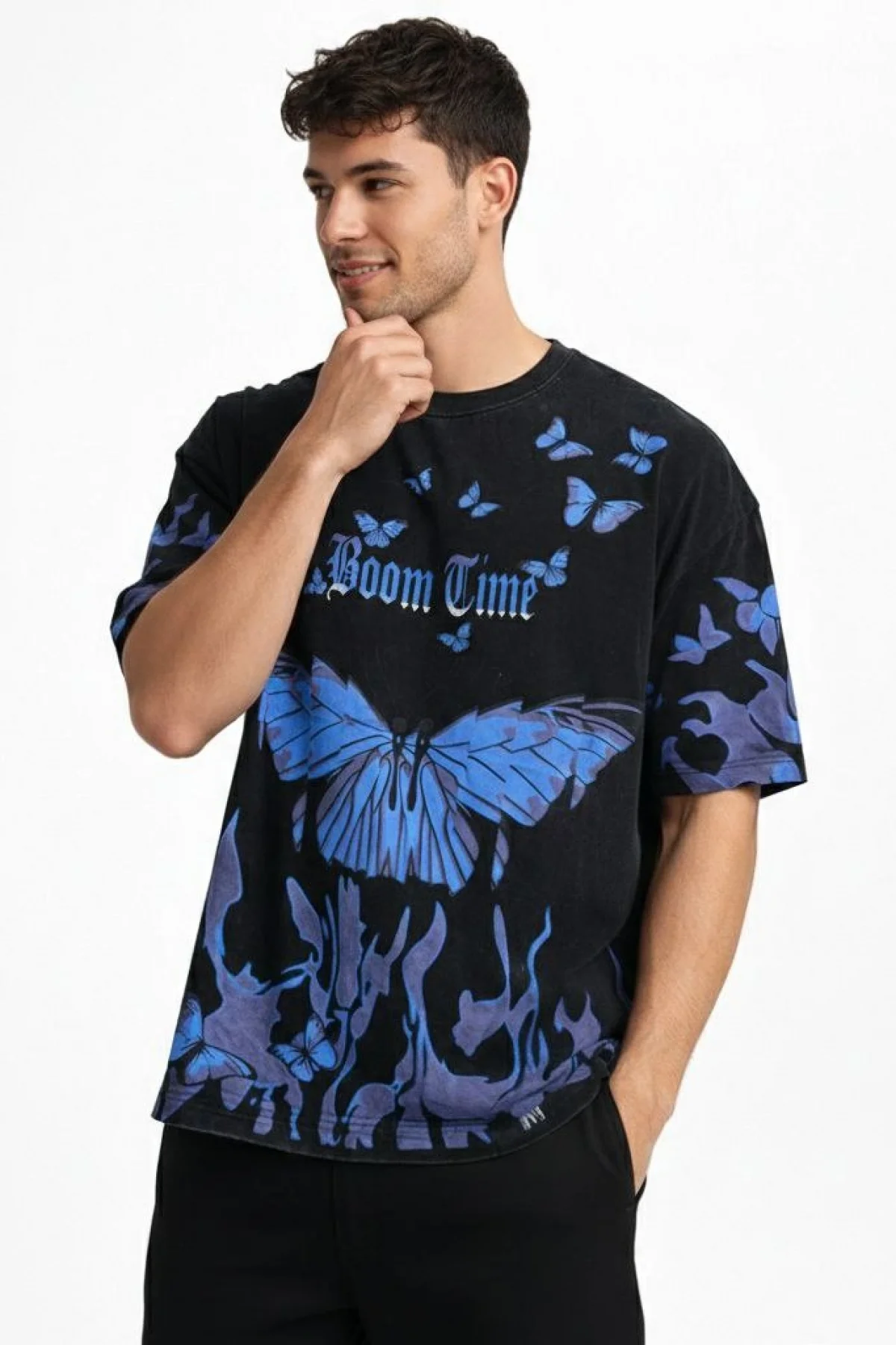 Erkek Asit Yıkamalı Oversize Tişört Mavi Kelebek Baskılı Dijital Print Bisiklet - Siyah