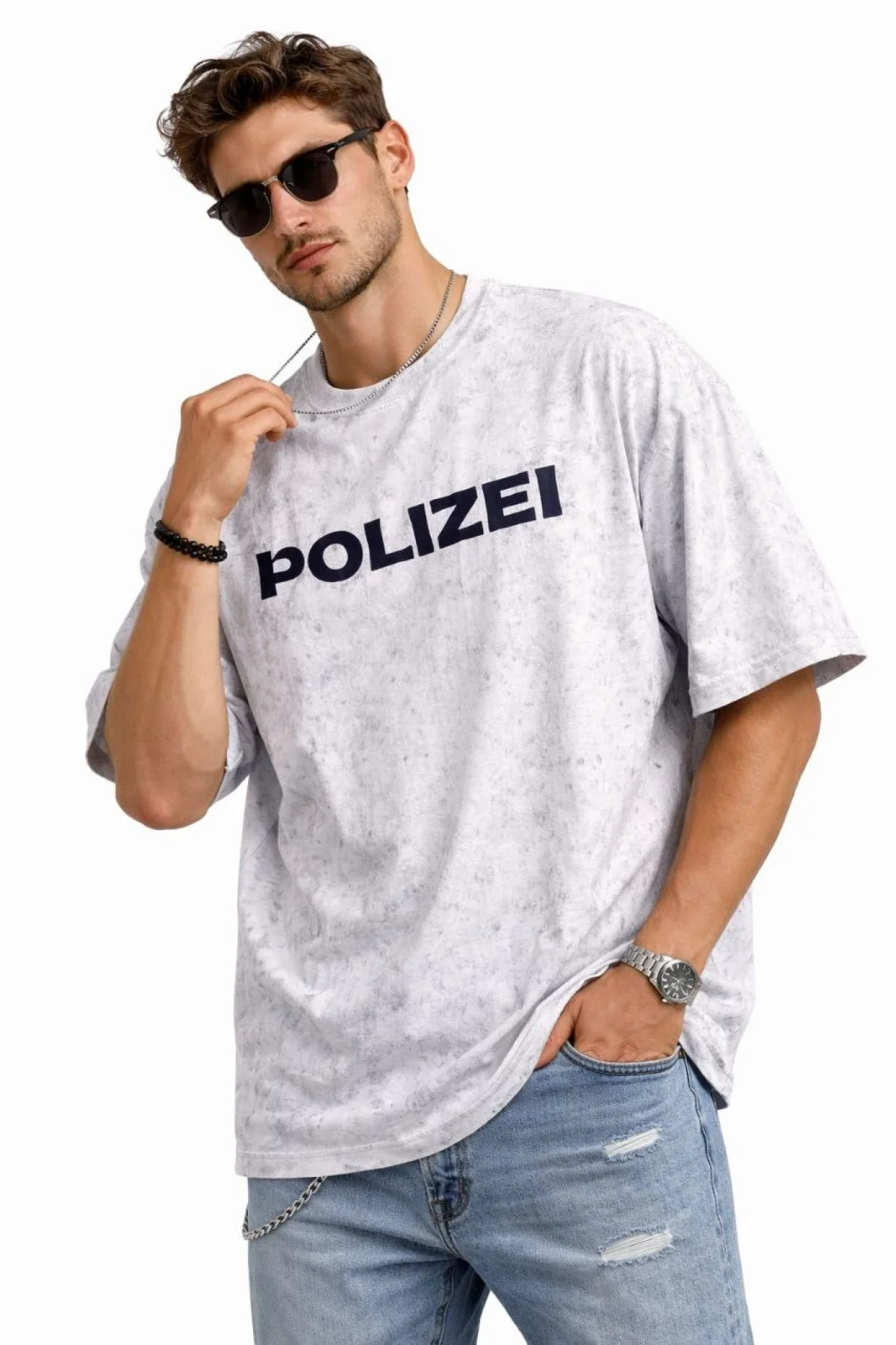 Erkek Asit Yıkamalı Oversize Tişört ön ve Arkası Baskılı %100 Pamuk Street Style - Beyaz