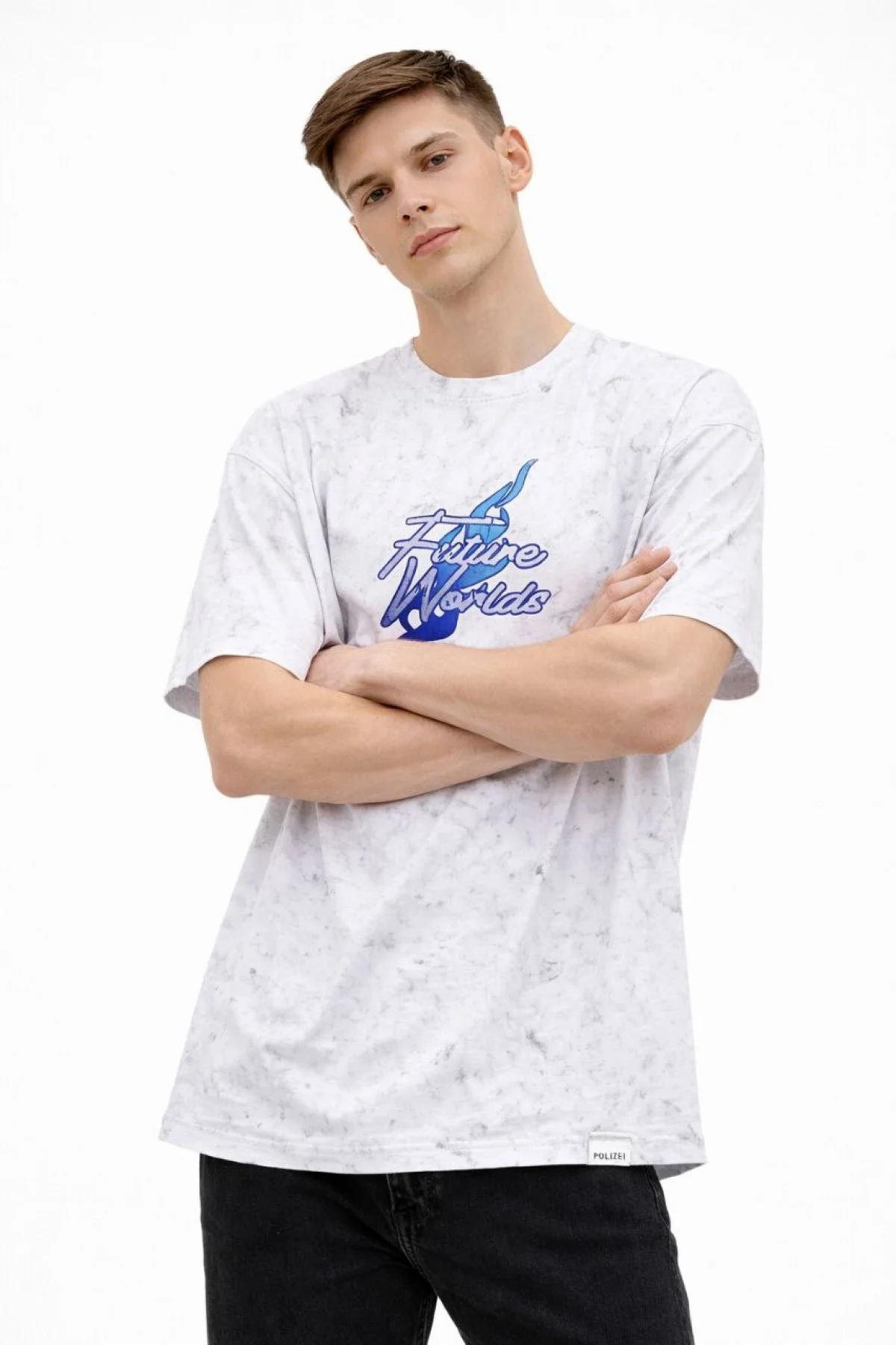 Erkek Asit Yıkamalı Oversize Tişört Future Worlds Baskılı Bisiklet Yaka Kısa Kollu - Beyaz