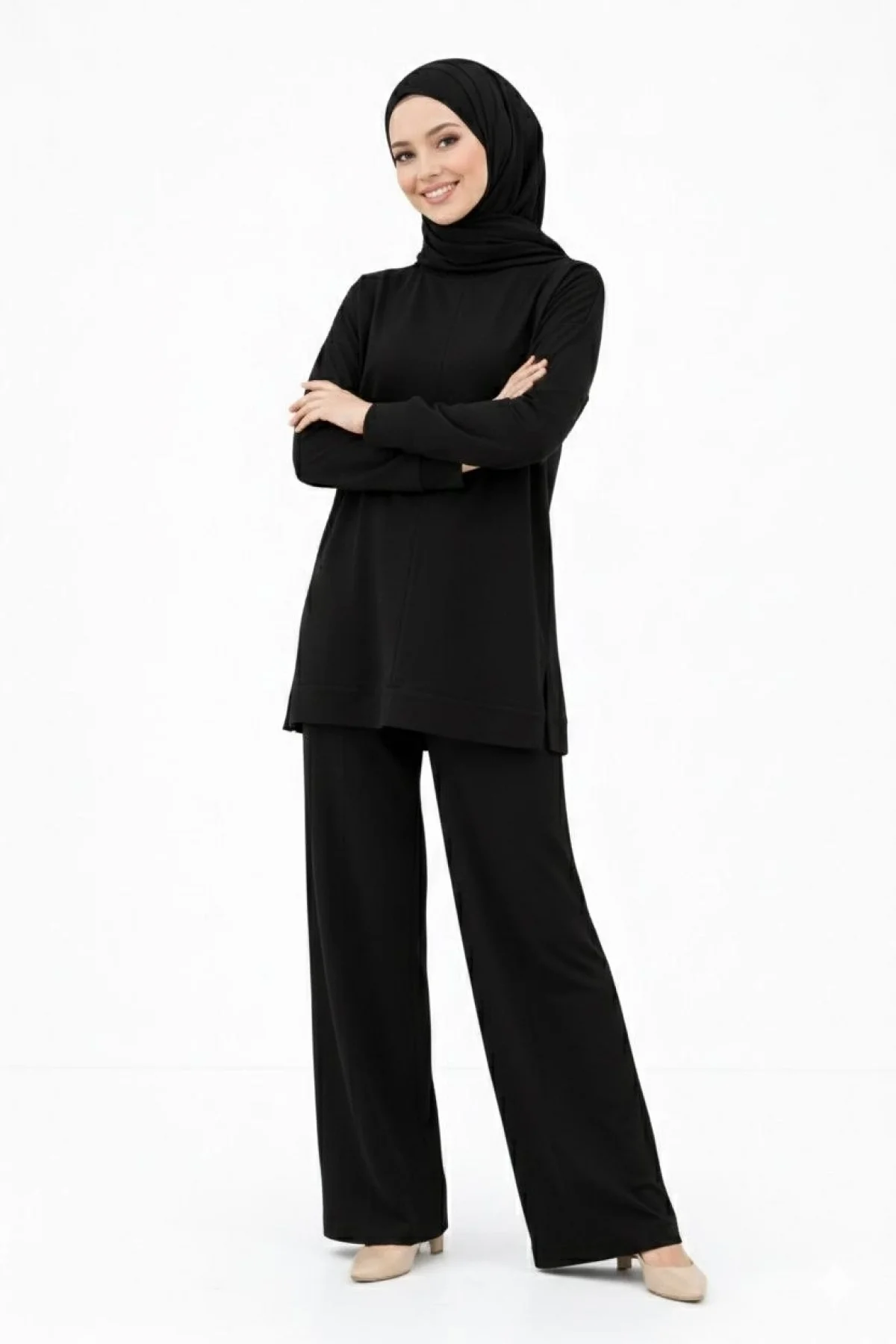 Osy Modal yumuşak dokulu Kadın Tesettür İkili Takım Yan Yırtmaçlı Uzun Tunik ve Düz Paça Pantolon, Salaş Kalıp - Siyah