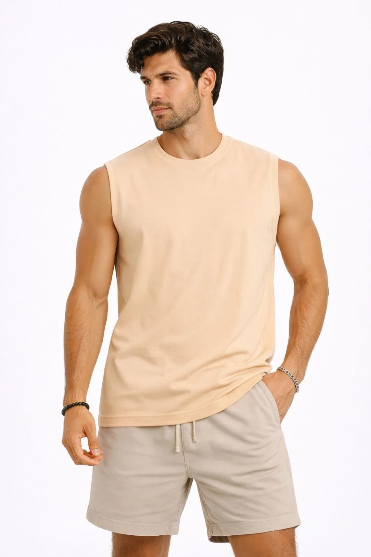 Erkek Sıfır Kolsuz Atlet Bisiklet Yaka Oversize Basic Spor Üst, Günlük ve Fitness Kullanımına Uygun - Bej