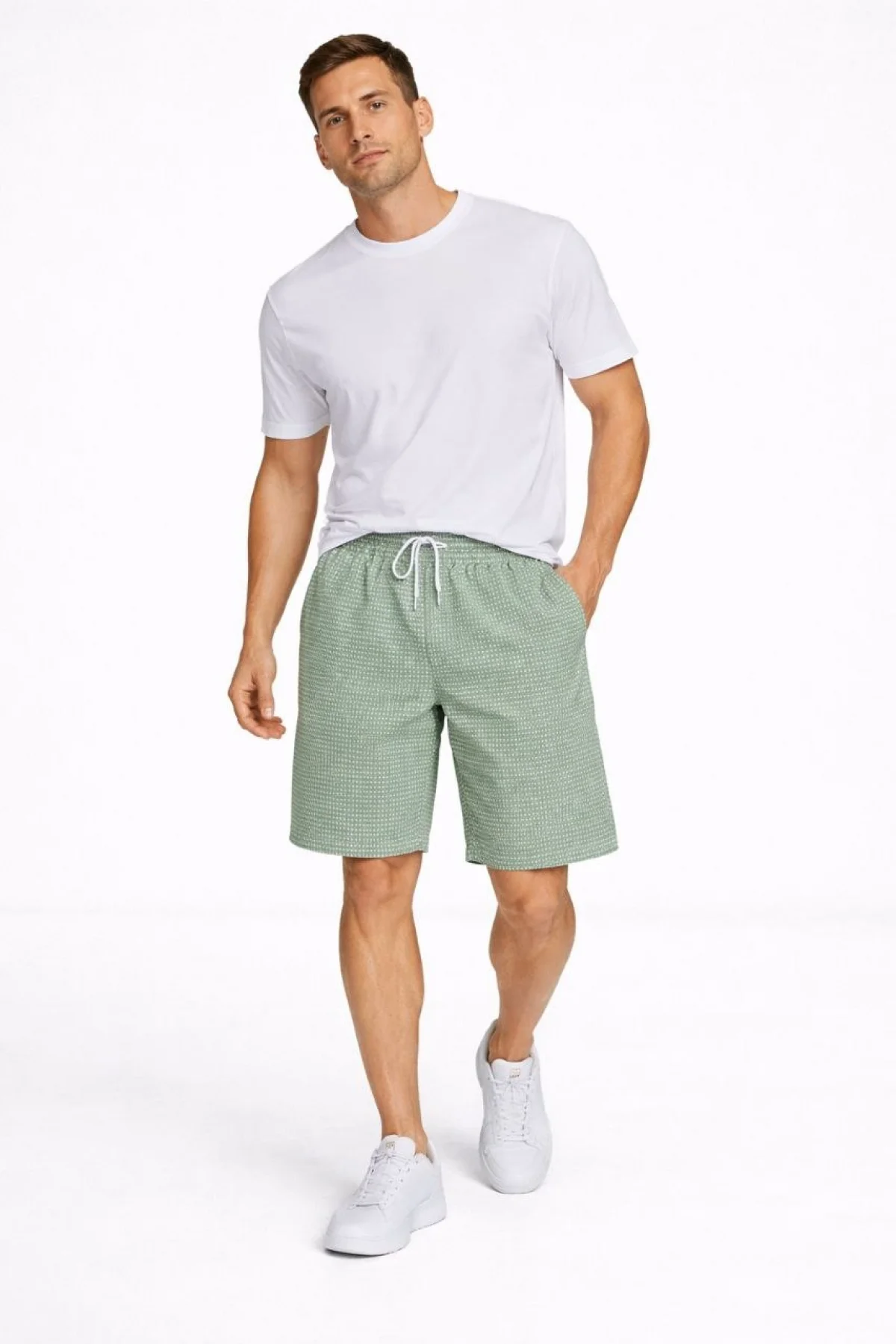 Erkek Pötikareli Şort – Beli Lastikli Bağcıklı, Cepli, Rahat Kesim Günlük Yazlık Şort - Mint Yeşili