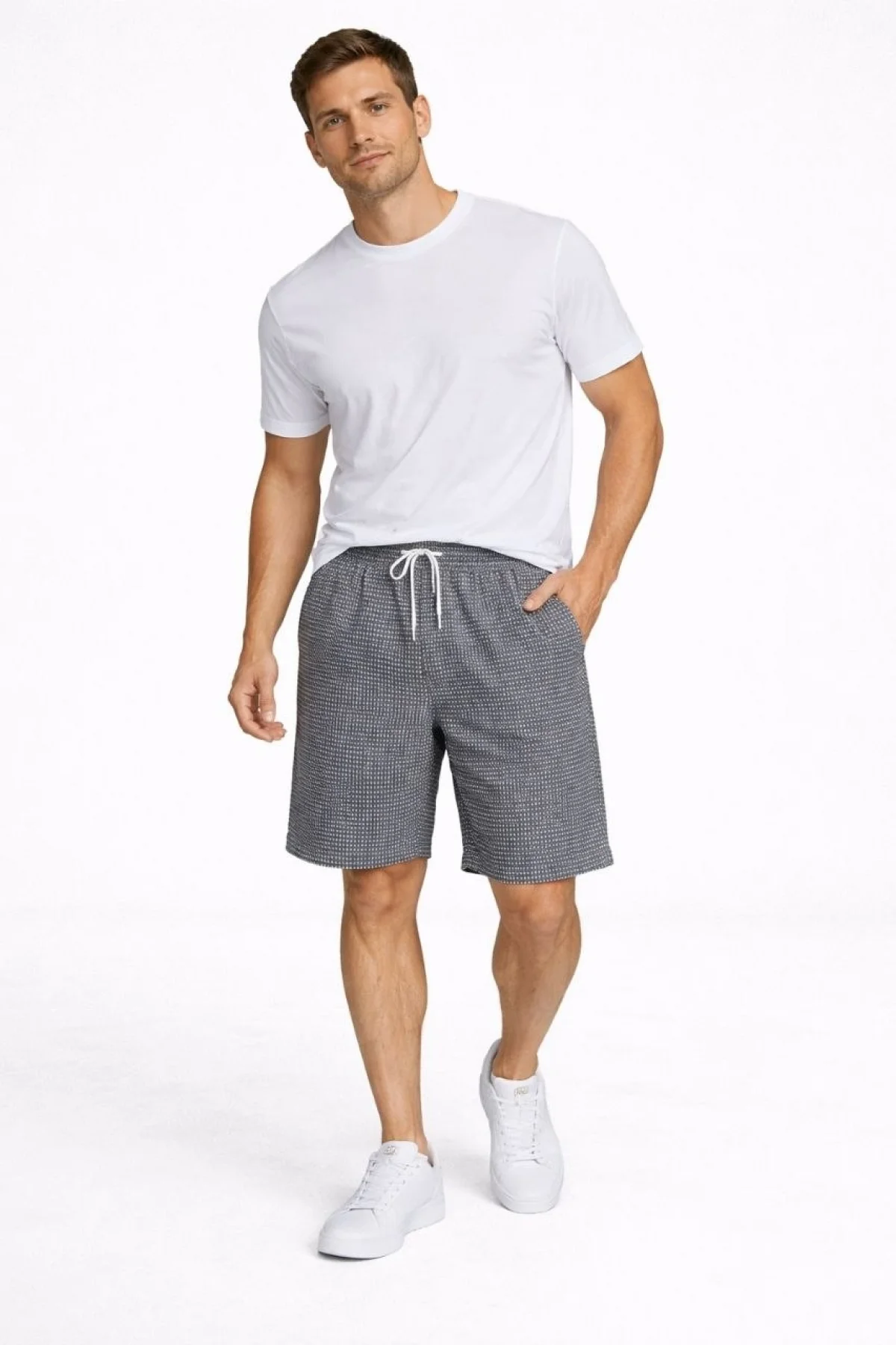 Erkek Pötikareli Şort – Beli Lastikli Bağcıklı, Cepli, Rahat Kesim Günlük Yazlık Şort - Füme