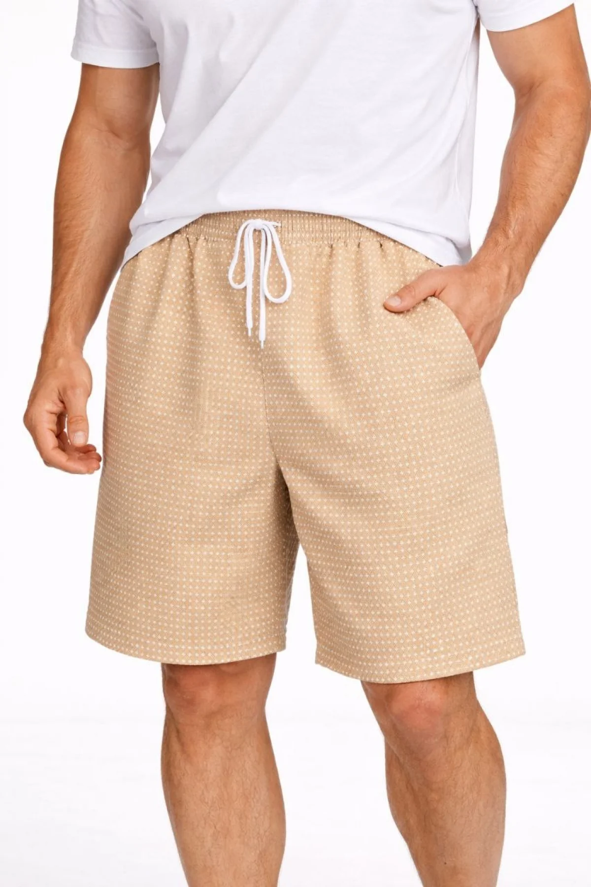 Erkek Pötikareli Şort – Beli Lastikli Bağcıklı, Cepli, Rahat Kesim Günlük Yazlık Şort - Bej