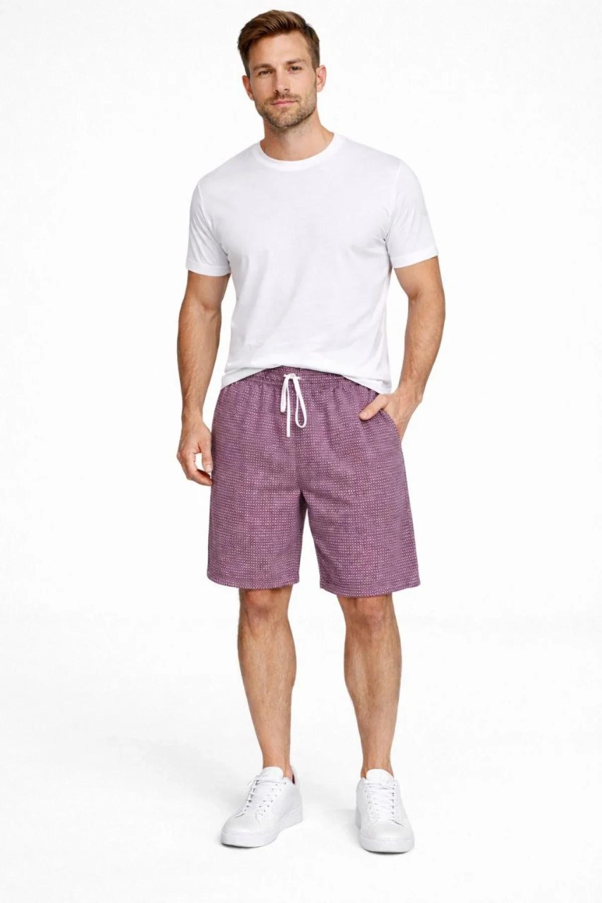 Erkek Pötikareli Şort – Beli Lastikli Bağcıklı, Cepli, Rahat Kesim Günlük Yazlık Şort - Gül Kurusu