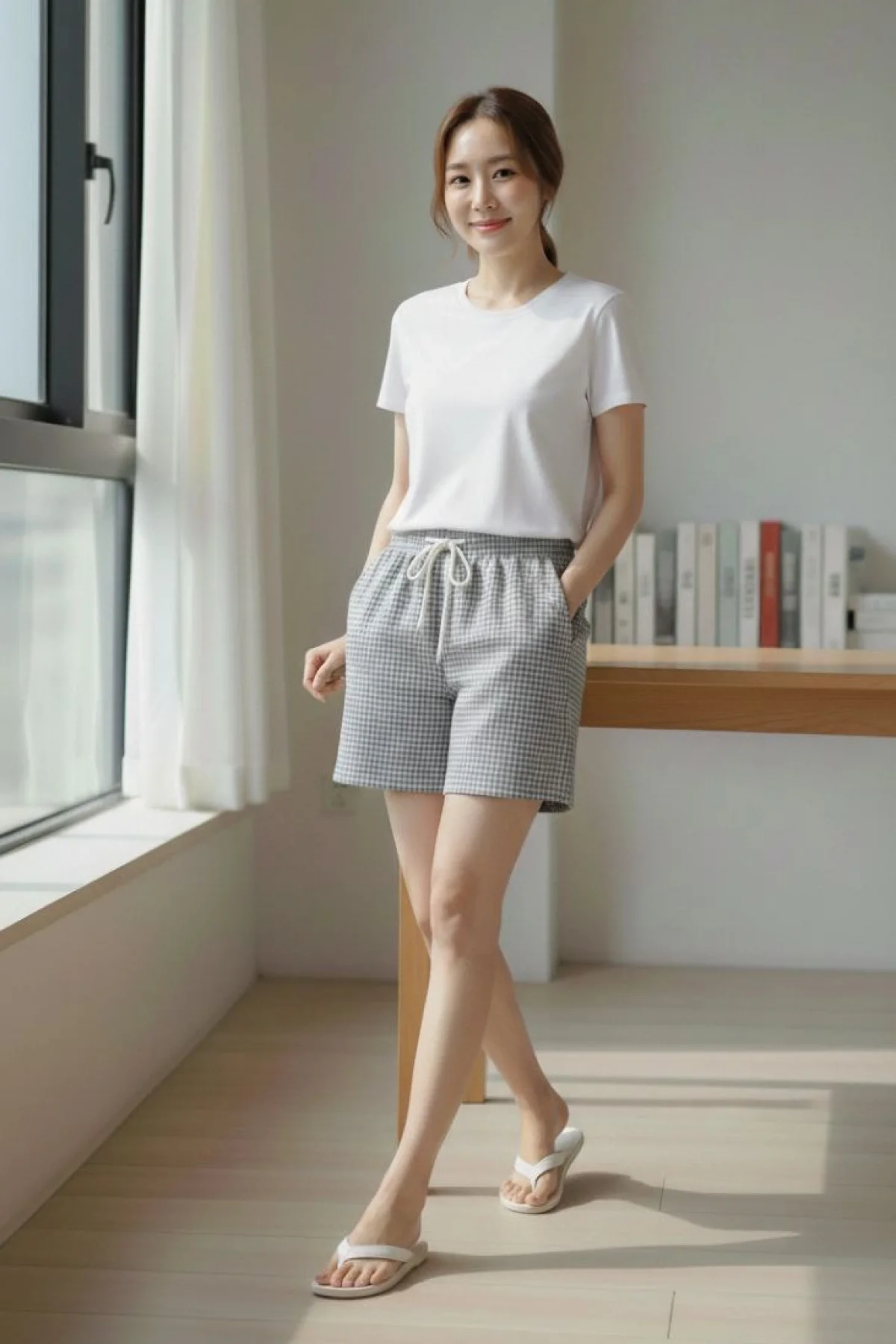 Kadın Pötikareli Şort Beli Lastikli Bağcıklı Cepli Kesim Şort - Füme