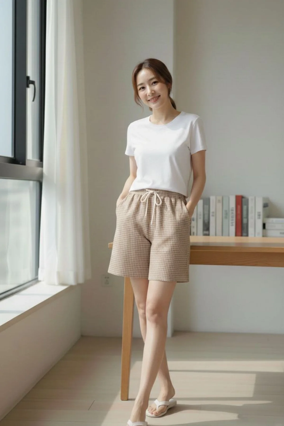 Kadın Pötikareli Şort Beli Lastikli Bağcıklı Cepli Kesim Şort - Bej