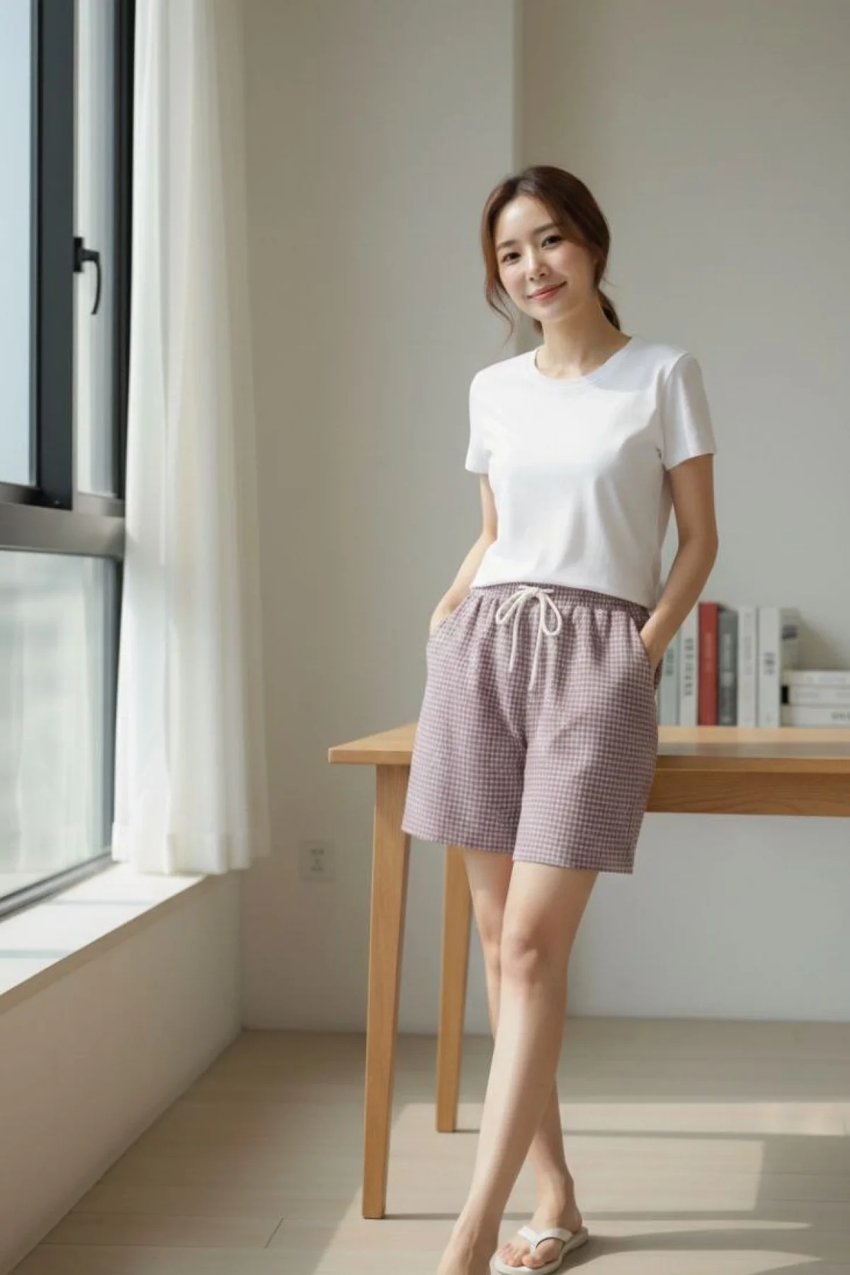 Kadın Pötikareli Şort Beli Lastikli Bağcıklı Cepli Kesim Şort - Gül Kurusu