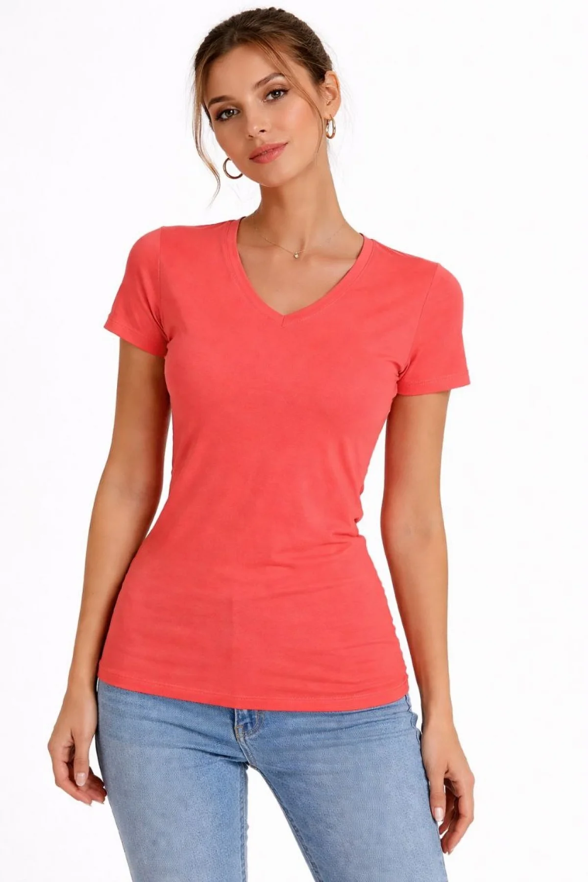 Kadın V Yaka Slim Fit Likralı Tişört - Nar Çiçeği