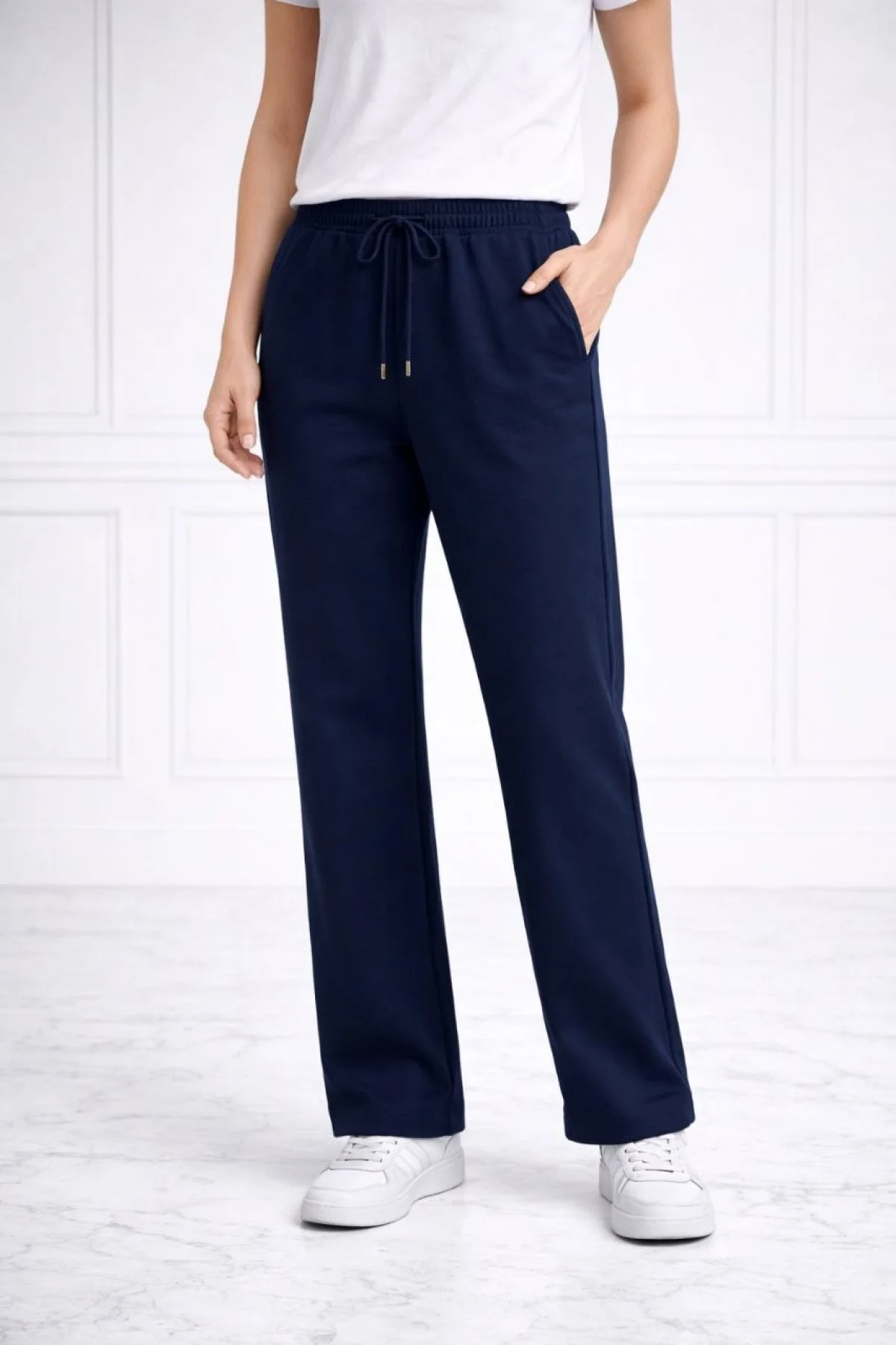 Kadın Düz Paça Beli Lastikli İpli Spor Eşofman Altı Fit - Lacivert