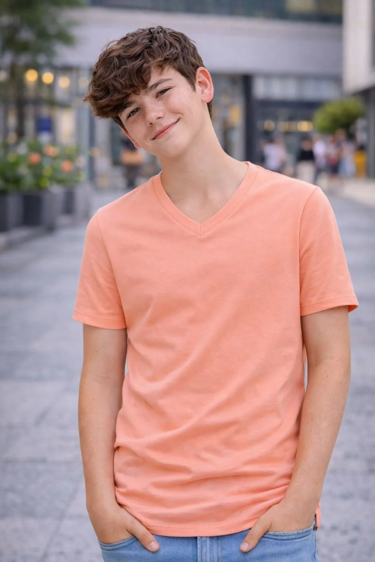 Genç Erkek Çocuk V Yaka Tişört Model - Toz Pembe