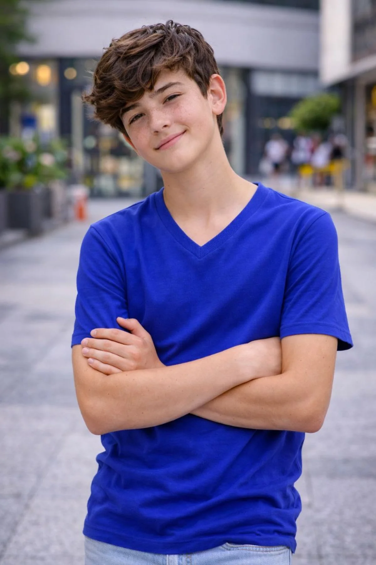 Genç Erkek Çocuk V Yaka Tişört Model - Saks Mavisi