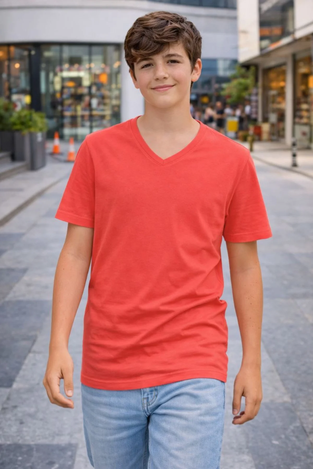 Genç Erkek Çocuk V Yaka Tişört Model - Nar Çiçeği