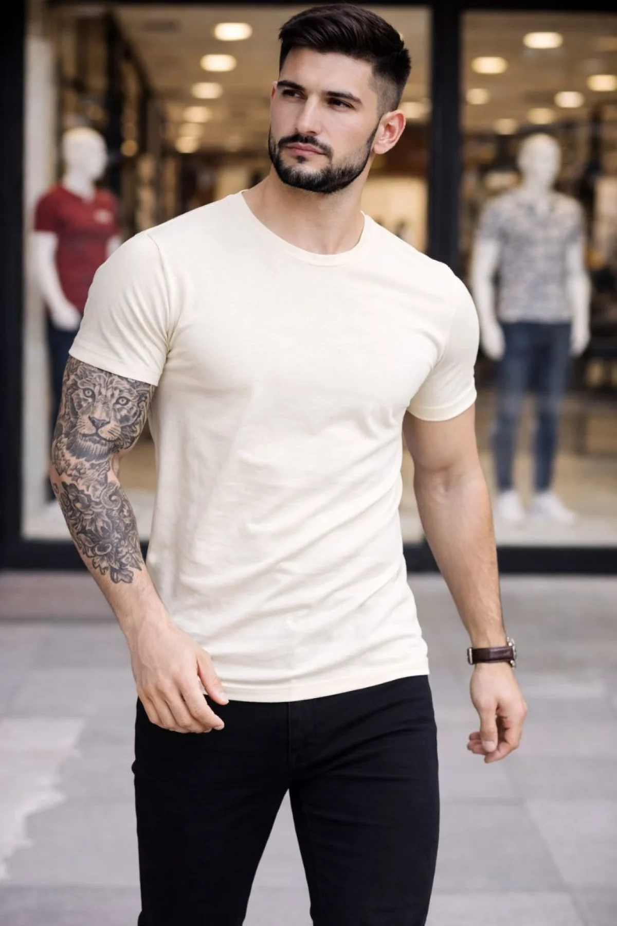 Erkek Bisiklet Yaka Slim Fit dar kesim Likralı Tişört - Taş