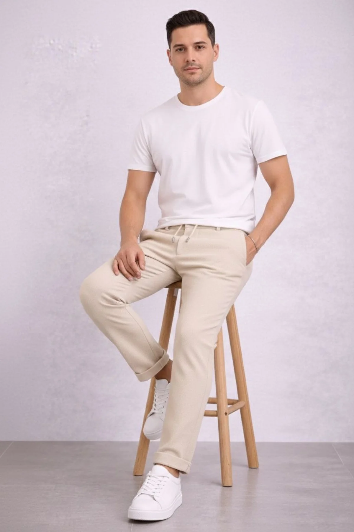 Erkek Diagonel Mikro dokulu Duble Paça Cepli Pantolon Bağcıklı Bel, Modern Kesim - Krem