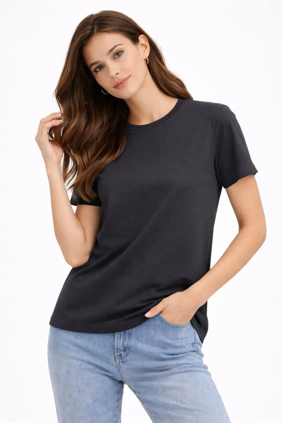 Kadın Bisiklet Yaka Tişört Regular Kalıp Basic Pamuklu Günlük Kullanım T-shirt - Füme