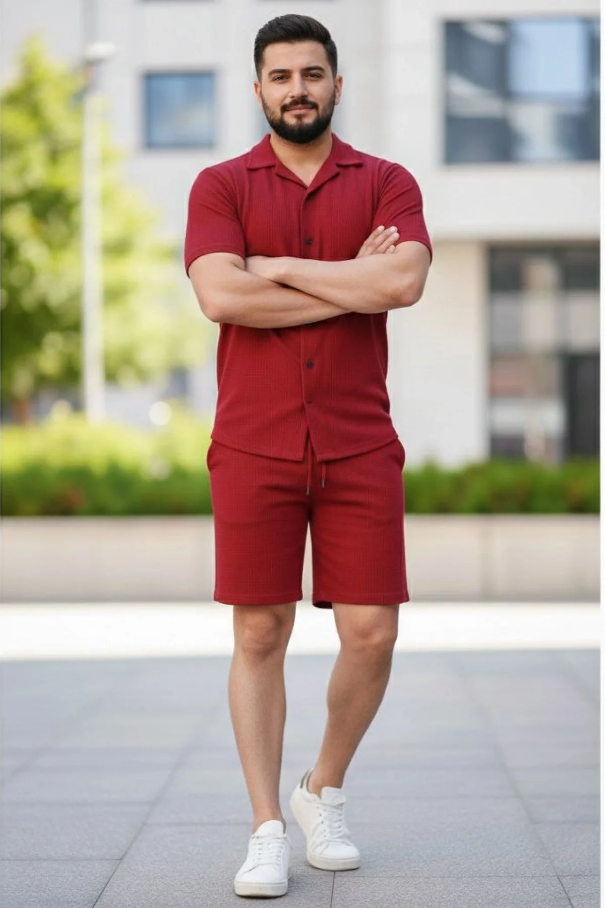 Erkek Waffle Kısa Kollu Gömlek Şort Takım Regular Fit İkili Set - Bordo