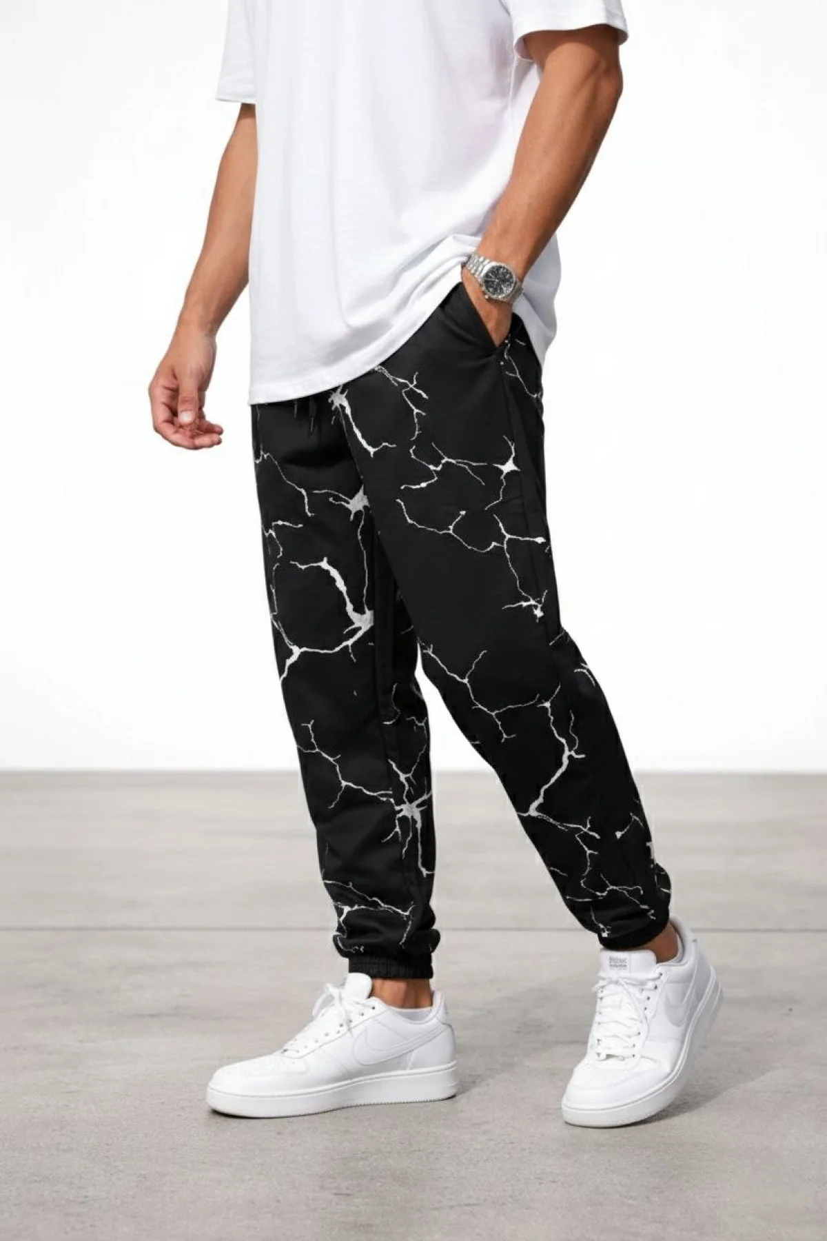 Erkek Dijital Baskılı Eşofman Altı Üç İplik Şardonlu Lastikli Paça Cepli Kalıp - Siyah