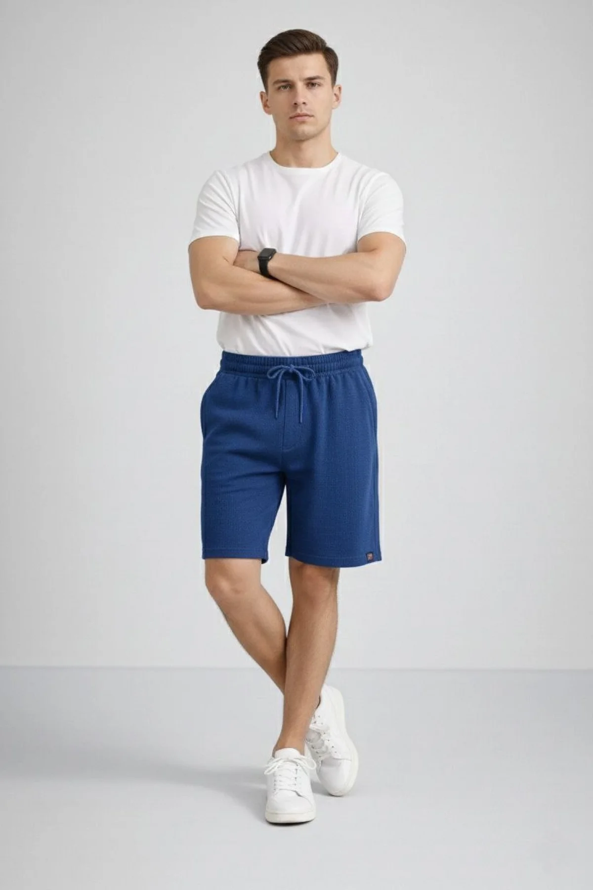 Erkek otoban Dokuma Şort Beli Lastikli Bağcıklı, Cepli, Rahat Kesim Günlük Yazlık Şort - İndigo