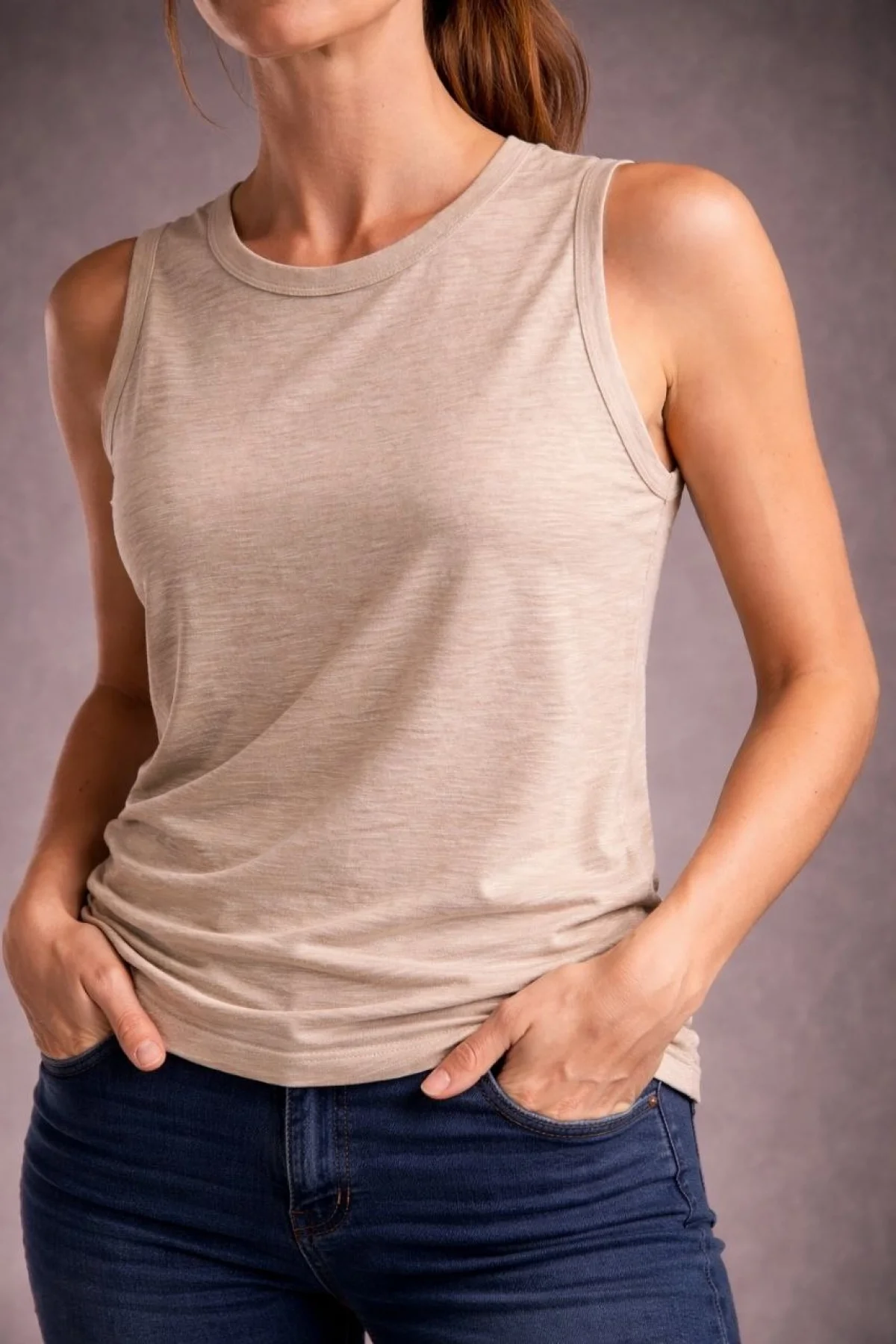 Kadın Flamlı Kumaş Sıfır Kolsuz Atlet Basic Spor Üst, Günlük ve Fitness Kullanımına Uygun - Taş