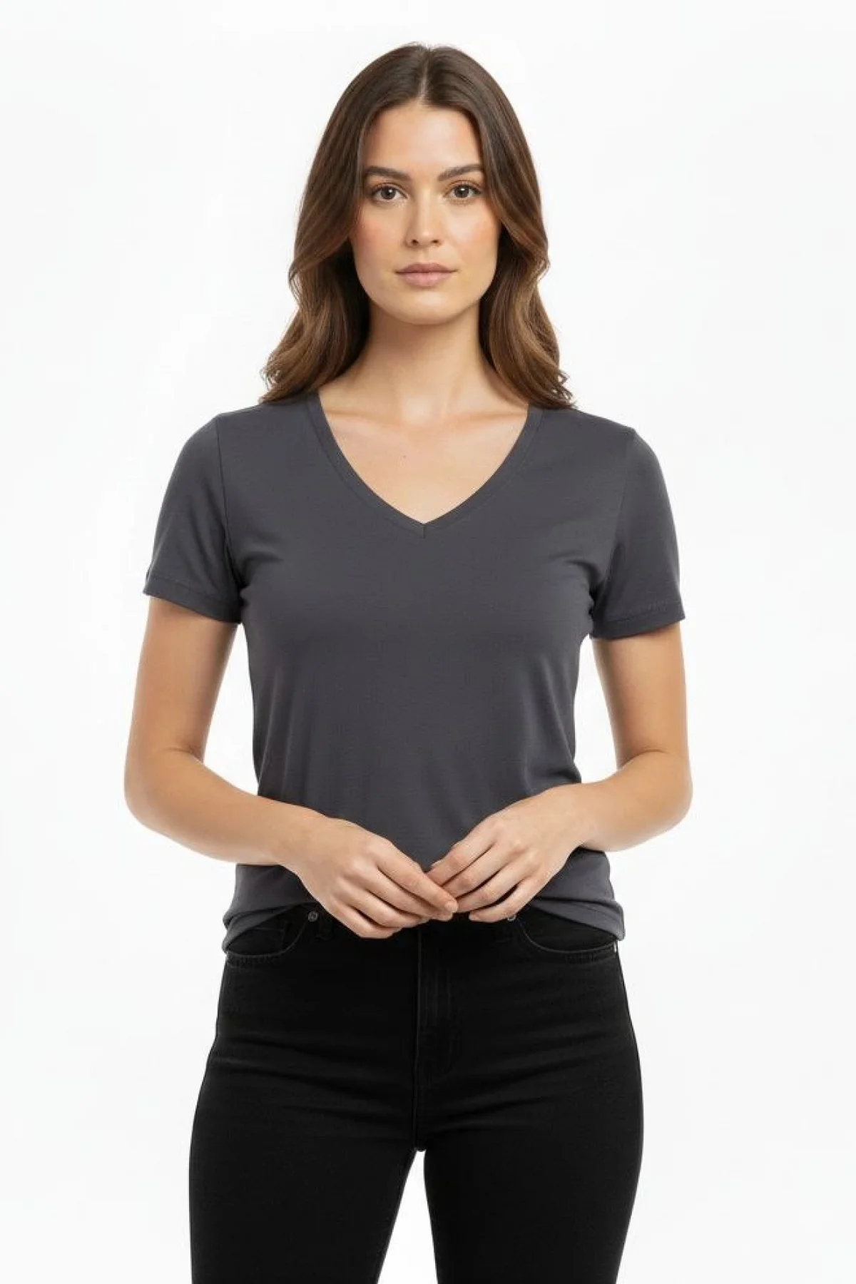 Kadın T-Shirt V Yaka Slim Fit Likralı Tişört Günlük Basic Body - Füme