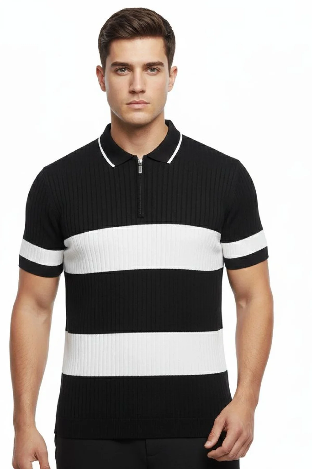 Erkek T-shirt Çizgili Triko Dokuma Kumaş Polo Yaka Yarım Fermuarlı Regular Kalıp Tişört - Siyah