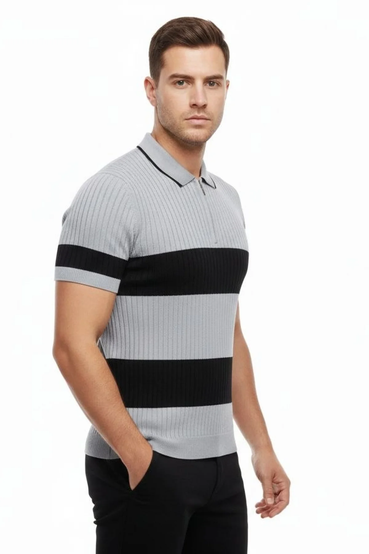 Erkek Çizgili Triko Dokuma Polo Yaka Yarım Fermuarlı Regular Kalıp Tişört - Gri