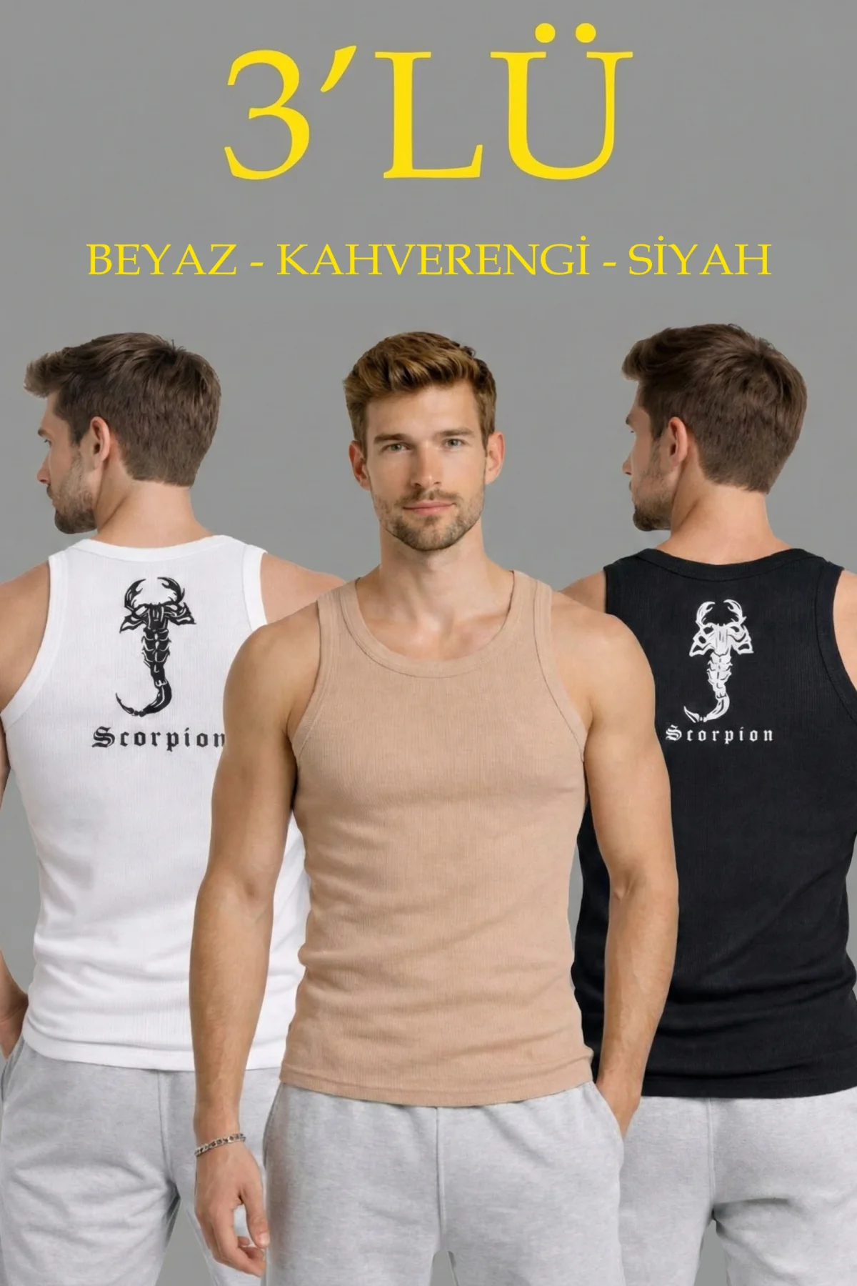 Erkek Spor Fitilli Atlet 3lü Set Beyaz Siyah Kahverengi Slim Fit Kaşkorse Arka Baskılı